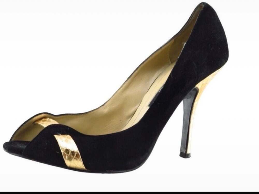 Laundry by Shelli Segal Black Suede and Gold Metallic Snake Print Stiletto Heels